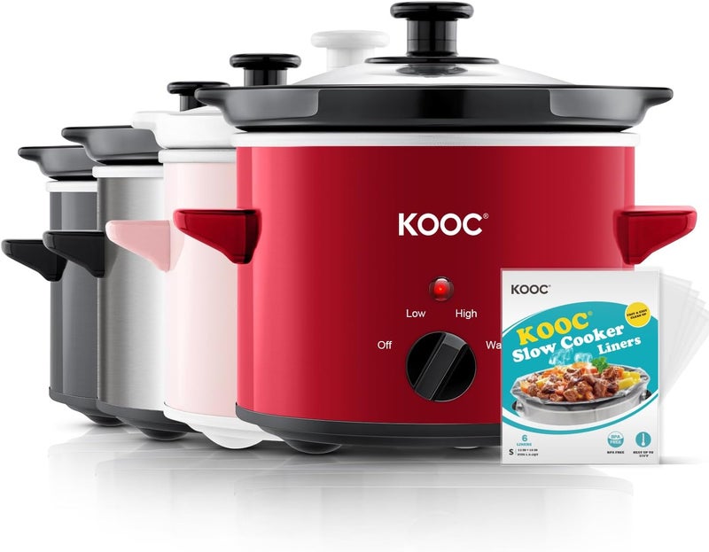 KOOC Small Slow Cooker, 2 Quart, Free Liners Included for Easy Clean-up, Upgraded Ceramic Pot, Adjustable Temp, Nutrient Loss Reduction, Stainless Steel, Red, Round - Image 1